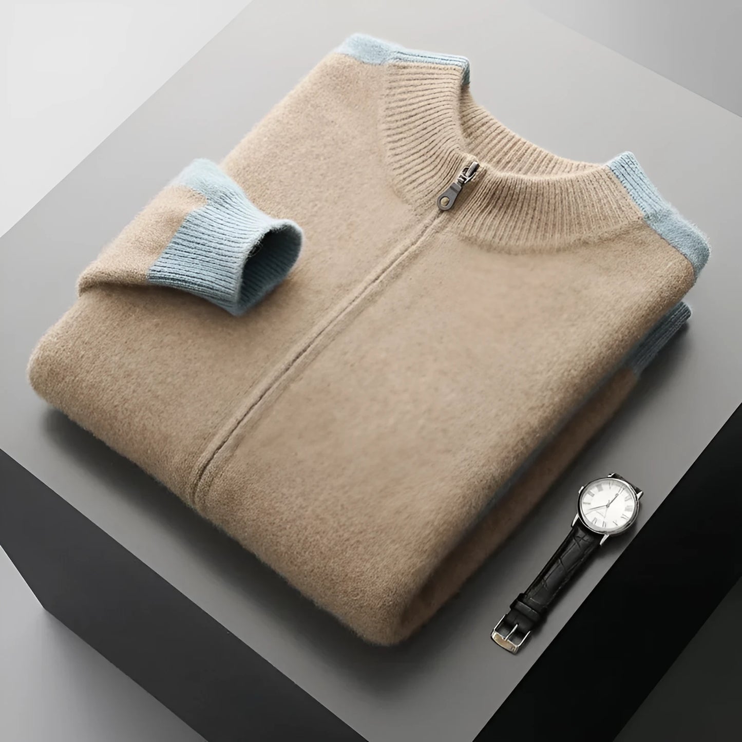 Men's half turtleneck zipper cardigan in thickened wool yarn, loose fit, available in four colours