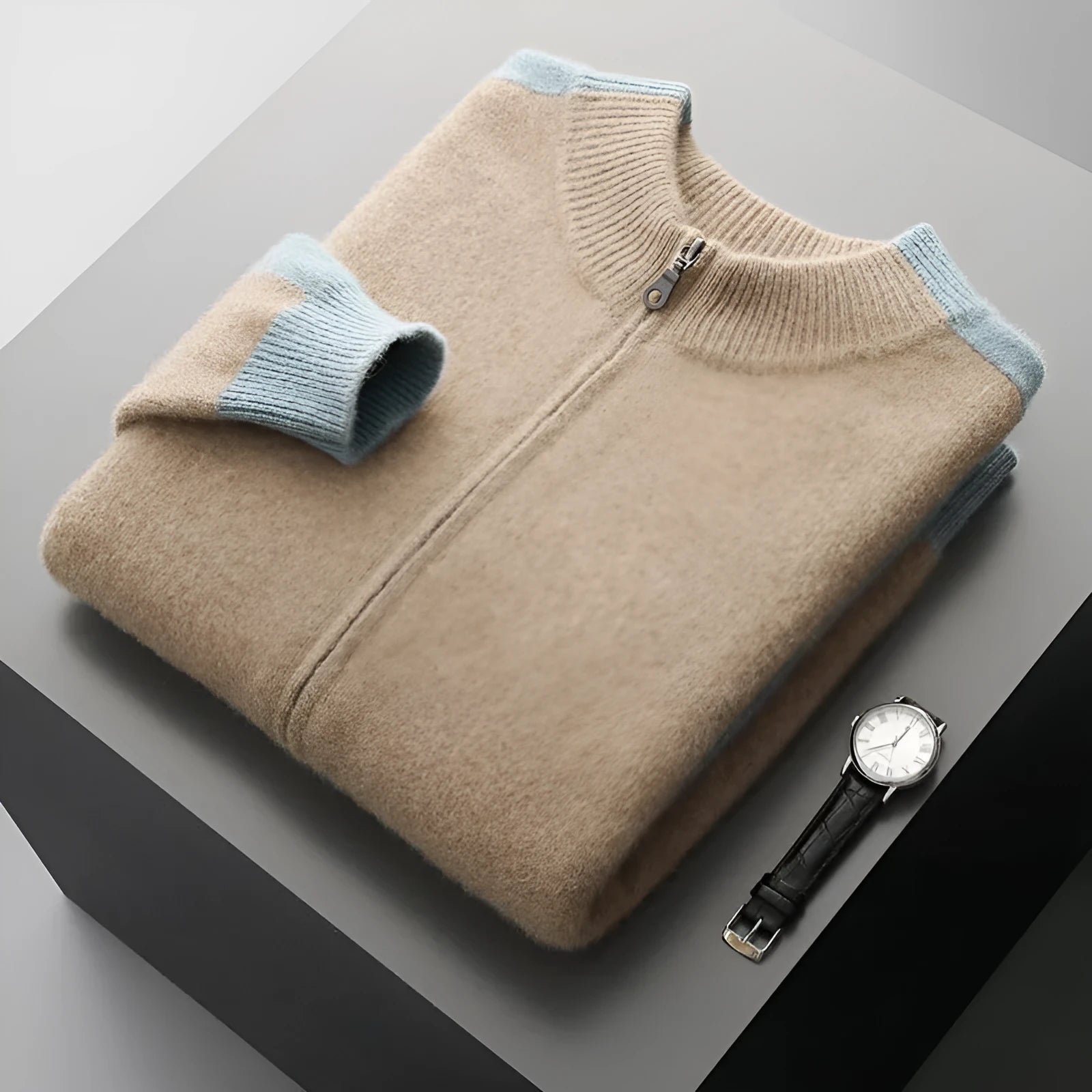 Men's half turtleneck zipper cardigan in thickened wool yarn, loose fit, available in four colours