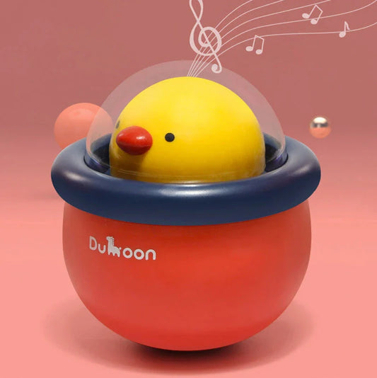 A colourful rattle tumbler toy with a built-in bell, designed to captivate and stimulate a baby's senses during play