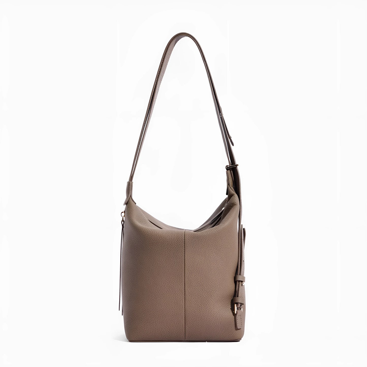 Women's soft genuine cowhide leather bucket shoulder bag in elephant gray colour