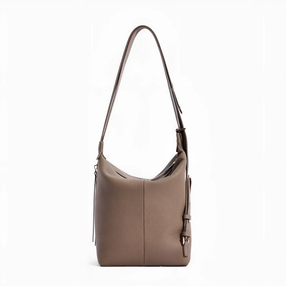 Women's soft genuine cowhide leather bucket shoulder bag in elephant gray colour