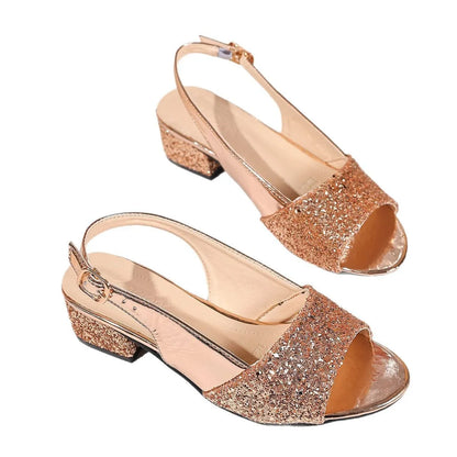 Women's gold open toe sandals with fish mouth design and buckle fastening on a rubber sole.