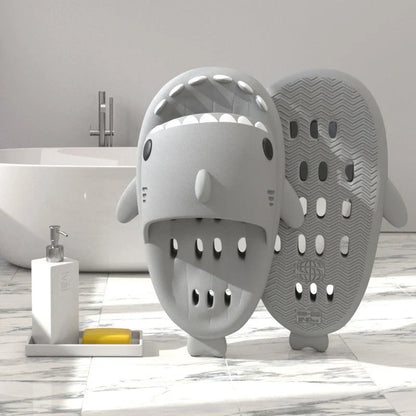 Stylish shark-themed shower slides with drainage holes and non-slip soles, made of lightweight and quick-drying EVA material