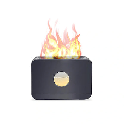 Square two-colour flame aromatherapy humidifier showing black unit with blue and orange flame lighting effect