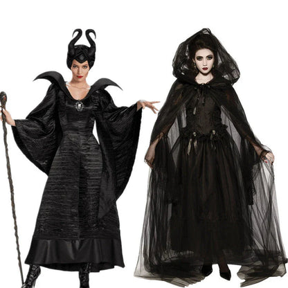 Enchanting Maleficent-inspired Halloween costume with horned headpiece, cape, and dress