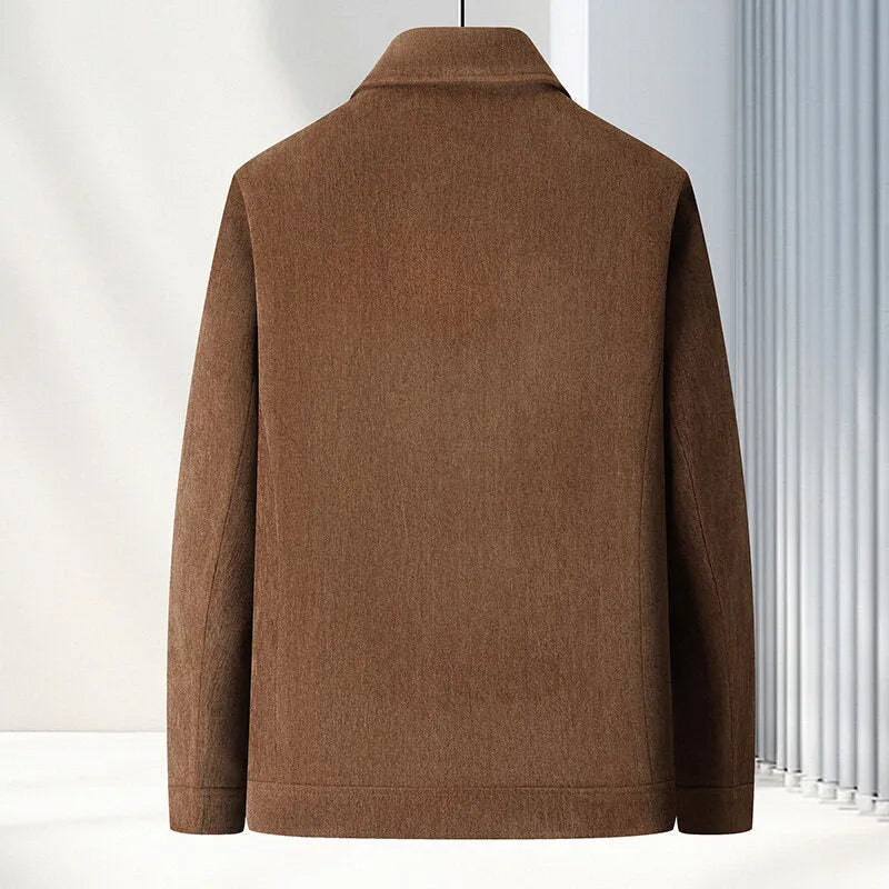 Men's slim-fit casual jacket in polyvinyl alcohol fibre fabric, available in black, caramel, dark blue, brown for middle-aged leisure wear