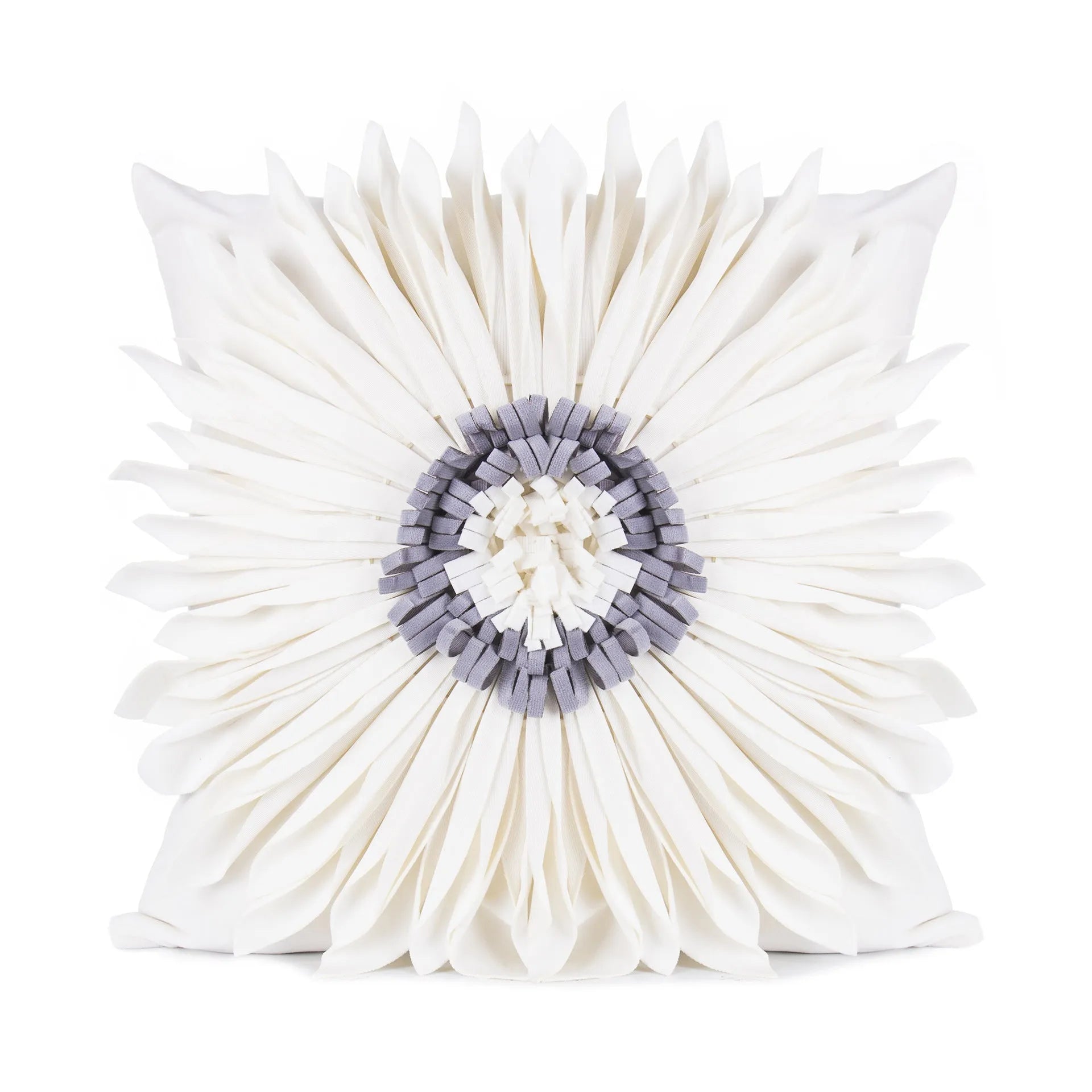 Blue velvet waist pillow with three-dimensional white chrysanthemum tufted design and fringed hem