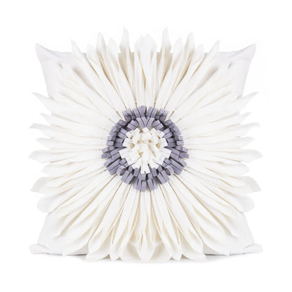 Blue velvet waist pillow with three-dimensional white chrysanthemum tufted design and fringed hem