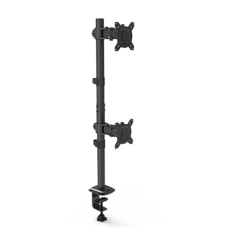 Silver computer monitor lifting rotating arm bracket mounted with a black screen on a desk