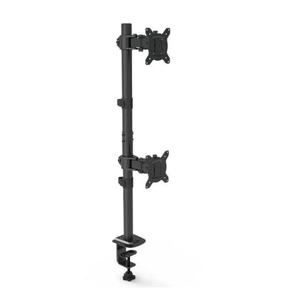 Silver computer monitor lifting rotating arm bracket mounted with a black screen on a desk