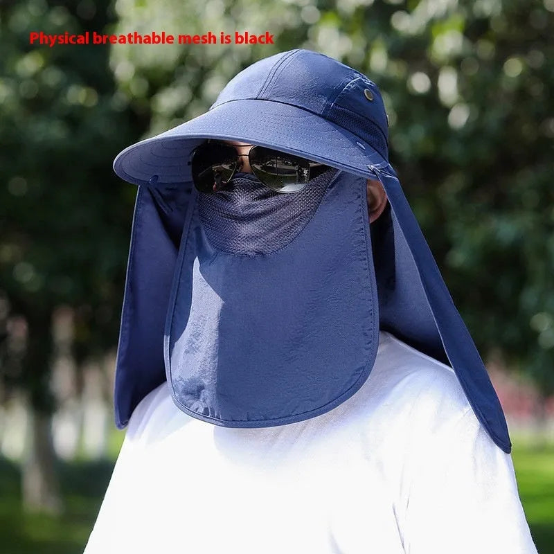 Men's khaki sun hat with built-in cooling fan and attached face covering neck shawl for outdoor protection.