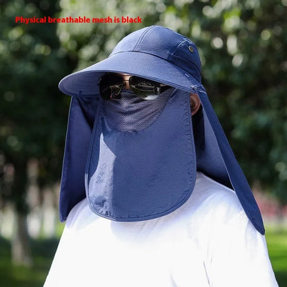 Men's khaki sun hat with built-in cooling fan and attached face covering neck shawl for outdoor protection.