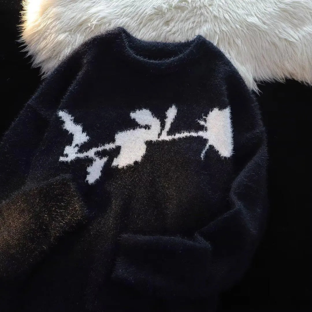 Men's black cotton fleece jumper with flocked horse design on front, long sleeve pullover style