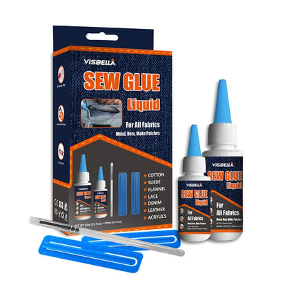 Clothing repair glue kit with two bottles, fixing clips, and applicator pen