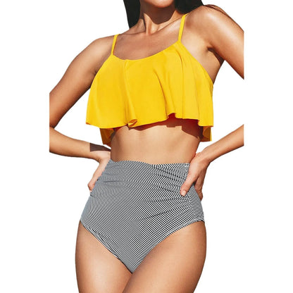 Solid colour striped bikini swimsuit with ruffled details and backless design in polyester fabric