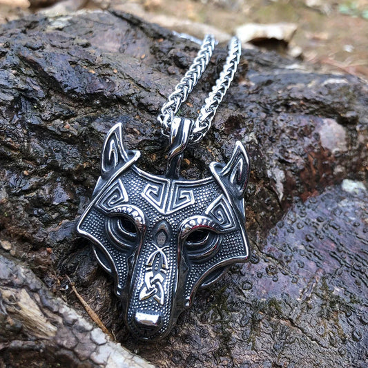Norse Grey Wolf Head Titanium Steel Pendant Chain in silver and gold options