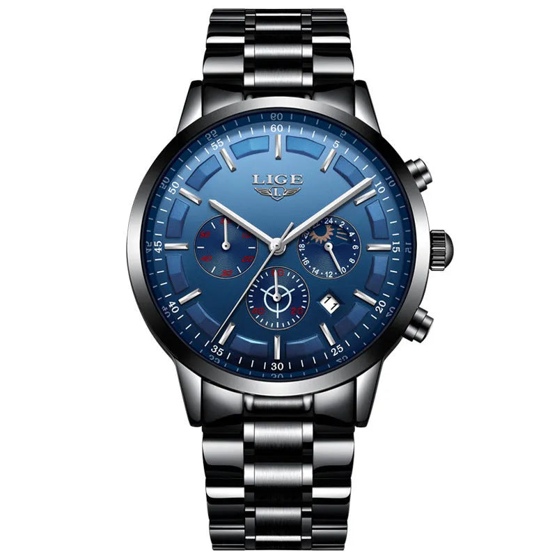 Men's waterproof sports watch in black with blue and rose gold colour options