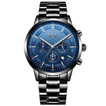Men's waterproof sports watch in black with blue and rose gold colour options