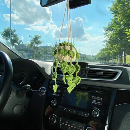 Green and white fishing style car plant decoration with 8cm base and 25cm hanging rope