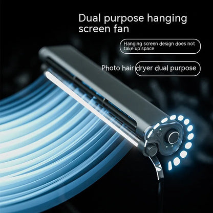 Black USB bladeless fan clipped to laptop screen showing 32.5cm width and eye-protection lamp