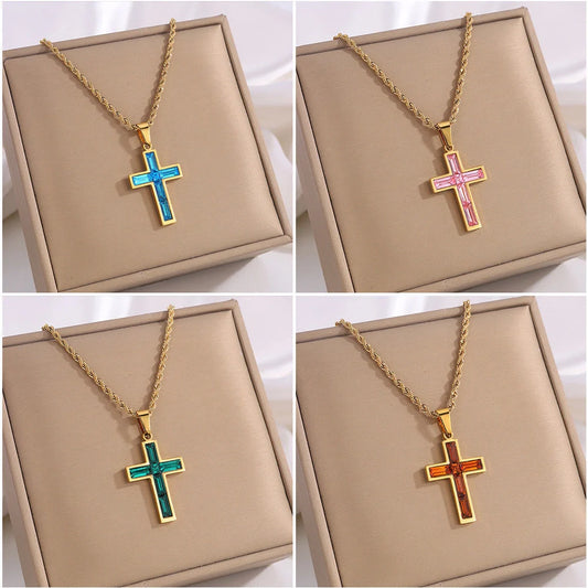 Elegant European and American-inspired diamond cross necklace with unique geometric design and vibrant, fade-resistant finish