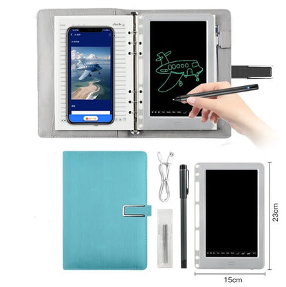85-inch electronic writing pad with stitching detail in dark blue, shown with smart pen and charging cable.