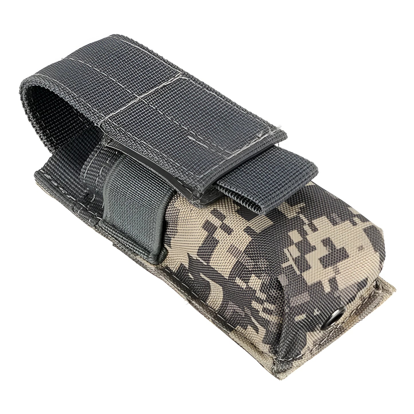 Black tactical MOLLE waist pouch with elastic cord closure, shown mounted on a belt next to a pistol magazine.