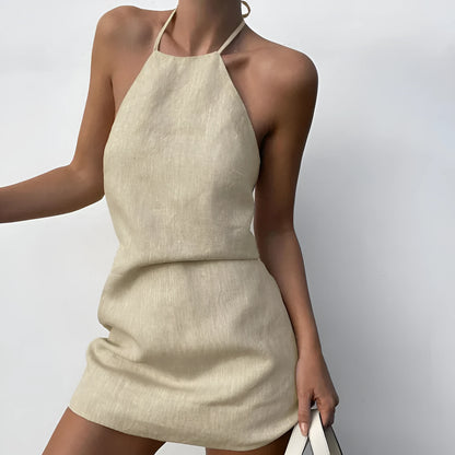 Women's solid colour cotton linen A-line summer dress in S M L sizes