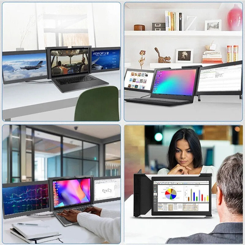 Black portable dual screen monitor with two 12.2 inch displays showing connected laptop and smartphone