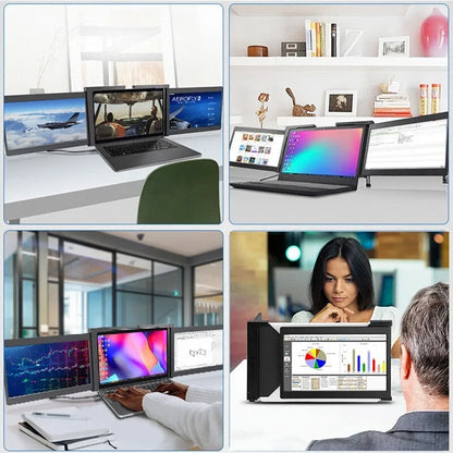 Black portable dual screen monitor with two 12.2 inch displays showing connected laptop and smartphone