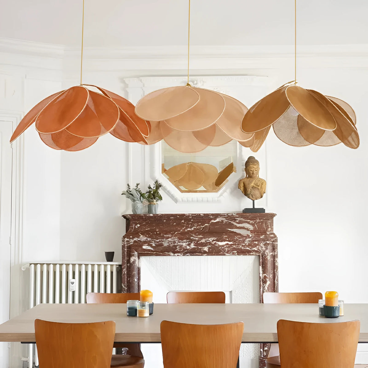 A cloth-craft hanging lamp in log wind Bohemian style, showing fabric texture and soft light diffusion.
