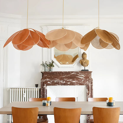 A cloth-craft hanging lamp in log wind Bohemian style, showing fabric texture and soft light diffusion.