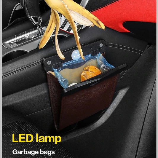 Convenient car trash can with LED lights for car organization and storage
