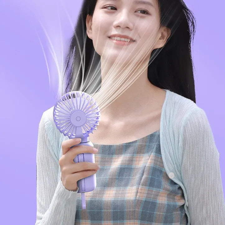 Purple handheld USB fan with power bank ports, shown with a white USB cable.