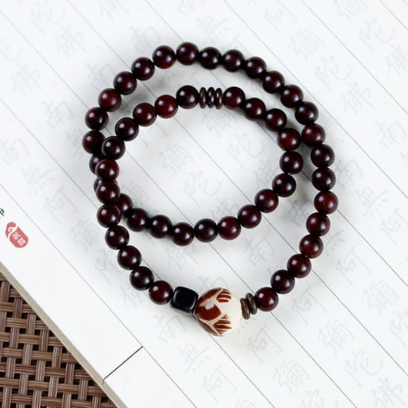 Natural rosewood bracelet with double ring and single circle bead designs in retro style