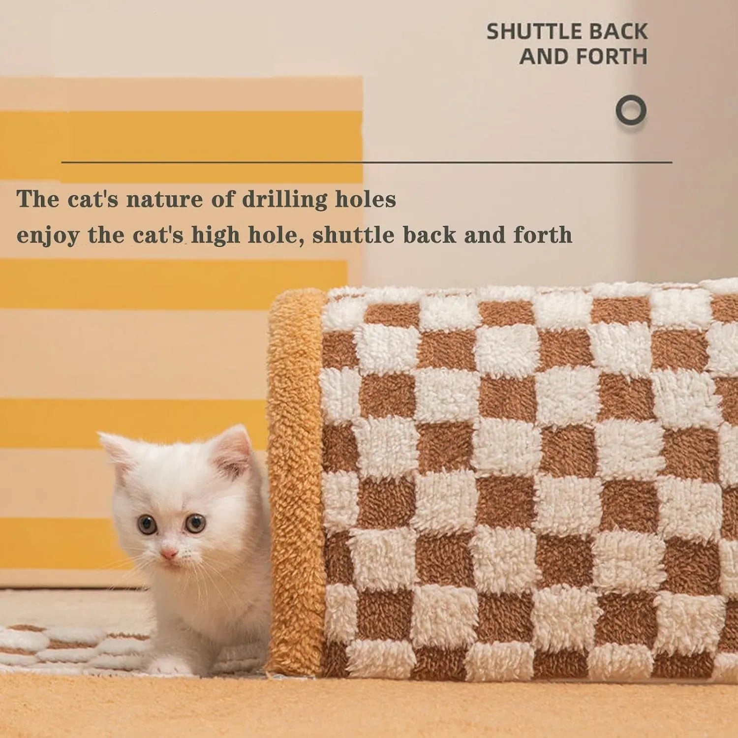 Brown plush plaid cat tunnel bed with central mat showing non-slip bottom and tunnel opening