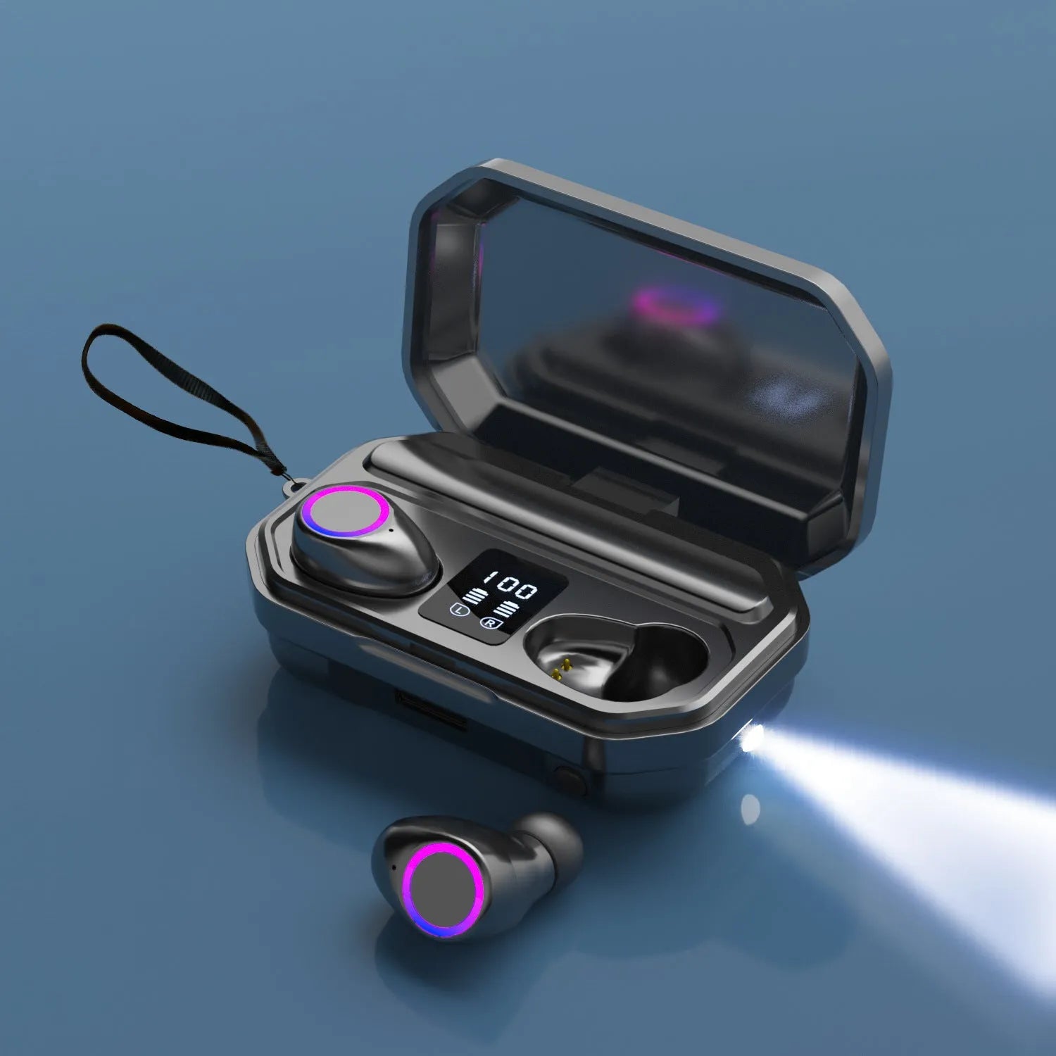 Black and white wireless Bluetooth earplug headphones with a charging case featuring an LED digital power display.