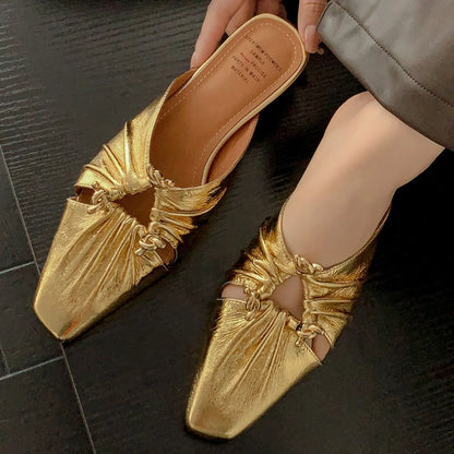 Women's genuine leather half toe cap slippers in gold colour with square head design and low heel