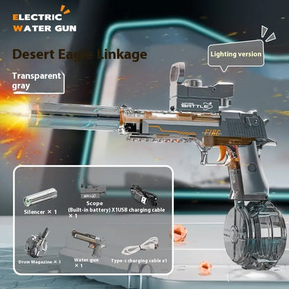 Automatic electric water gun toy with Desert Eagle linkage design, ammunition drum, silencer, and telescopic sight, 41.1cm long