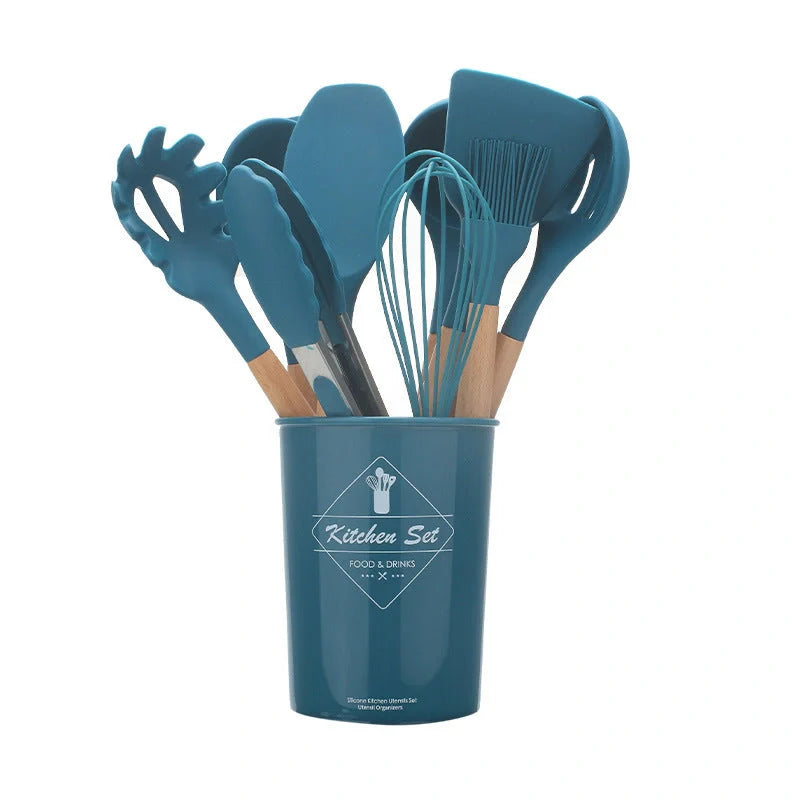 Premium silicone kitchenware set with wooden handle, ideal for cooking and baking