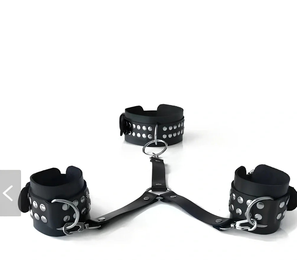 Black leather backhand neckcuffs with adjustable straps and nickel-plated buckles