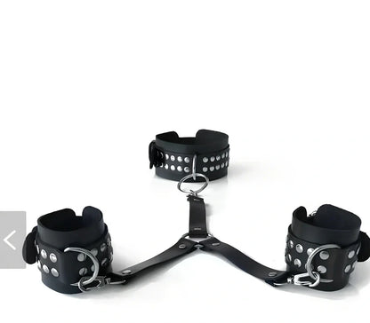 Black leather backhand neckcuffs with adjustable straps and nickel-plated buckles