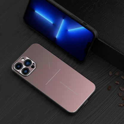 Metal frosted iPhone case with aluminium alloy and TPU back cover, shown in Black, Blue, Rose Gold and Silver.