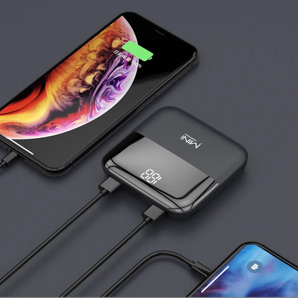 10000mAh portable power bank with digital display in black, pink, red, or white colours