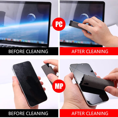 Portable all-in-one screen cleaner kit with protective shell, microfiber wipe, and internal fluid bottle.