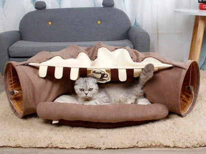 Collapsible cat tunnel with mat for play and rest, available in multiple colours