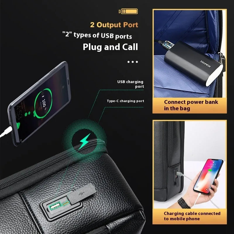 Black genuine leather commuter backpack with USB port and curved shoulder straps
