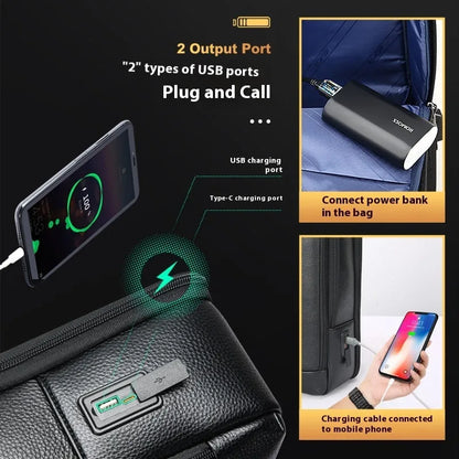 Black genuine leather commuter backpack with USB port and curved shoulder straps