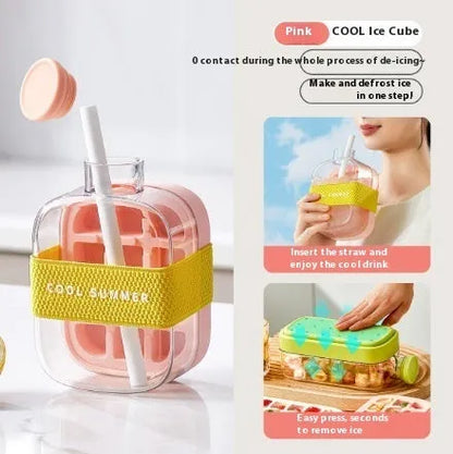 Portable instant ice maker cup in green colour with straw, showing one-click molding mechanism.