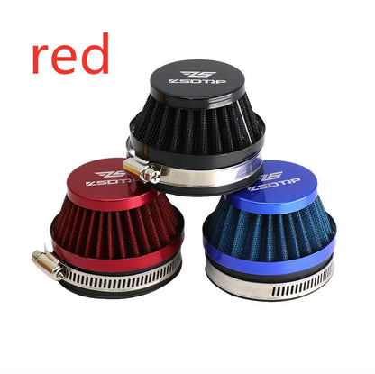 Universal motorcycle air filter E-DGT in 48mm, 55mm, and 60mm sizes, available in black, blue, and red